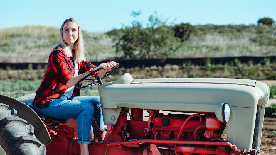 Woman in plaid shirt on vintage tractor in a sunny farm setting.